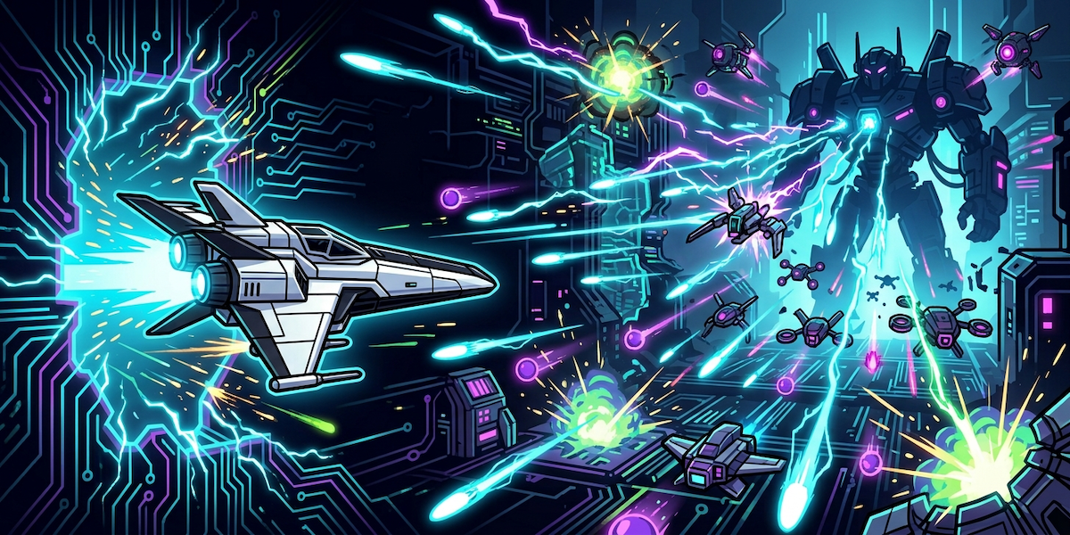 Fighter ship blasting through a neon circuitboard tunnel toward a towering chrome mech boss, surrounded by drones and enemy fire.